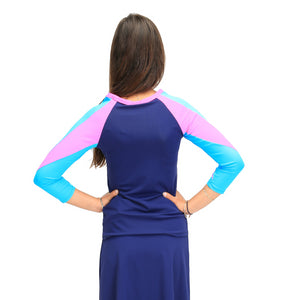 770 runway back of Navy Flamingo pink top, navy-turquoise-fusia with a-line 770 runway navy skirt