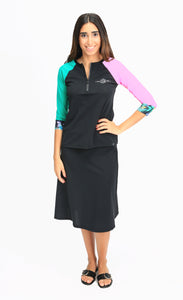 770 runway front BLACK KRYSTLE top, one green sleeve and one light pink sleeve with flower print cuffs